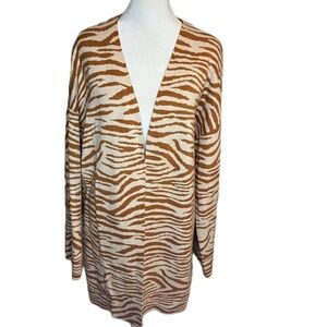 LOFT Outlet Brown/Beige Zebra Print Open Front Cardigan Sweater XL